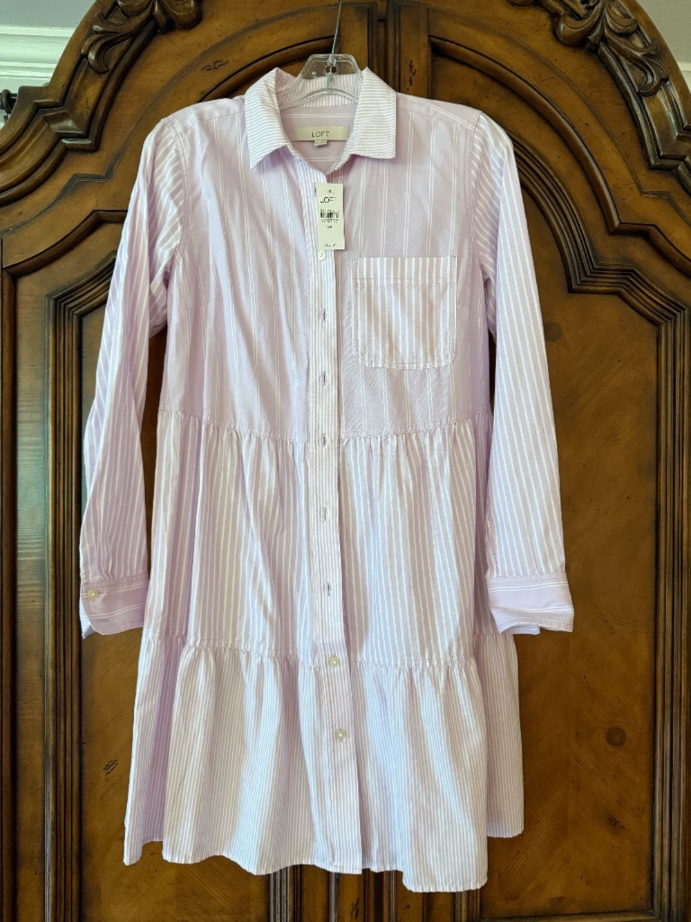 NWT! Loft Light Purple Striped Tiered Pocket Shirt Dress Cotton Size XS